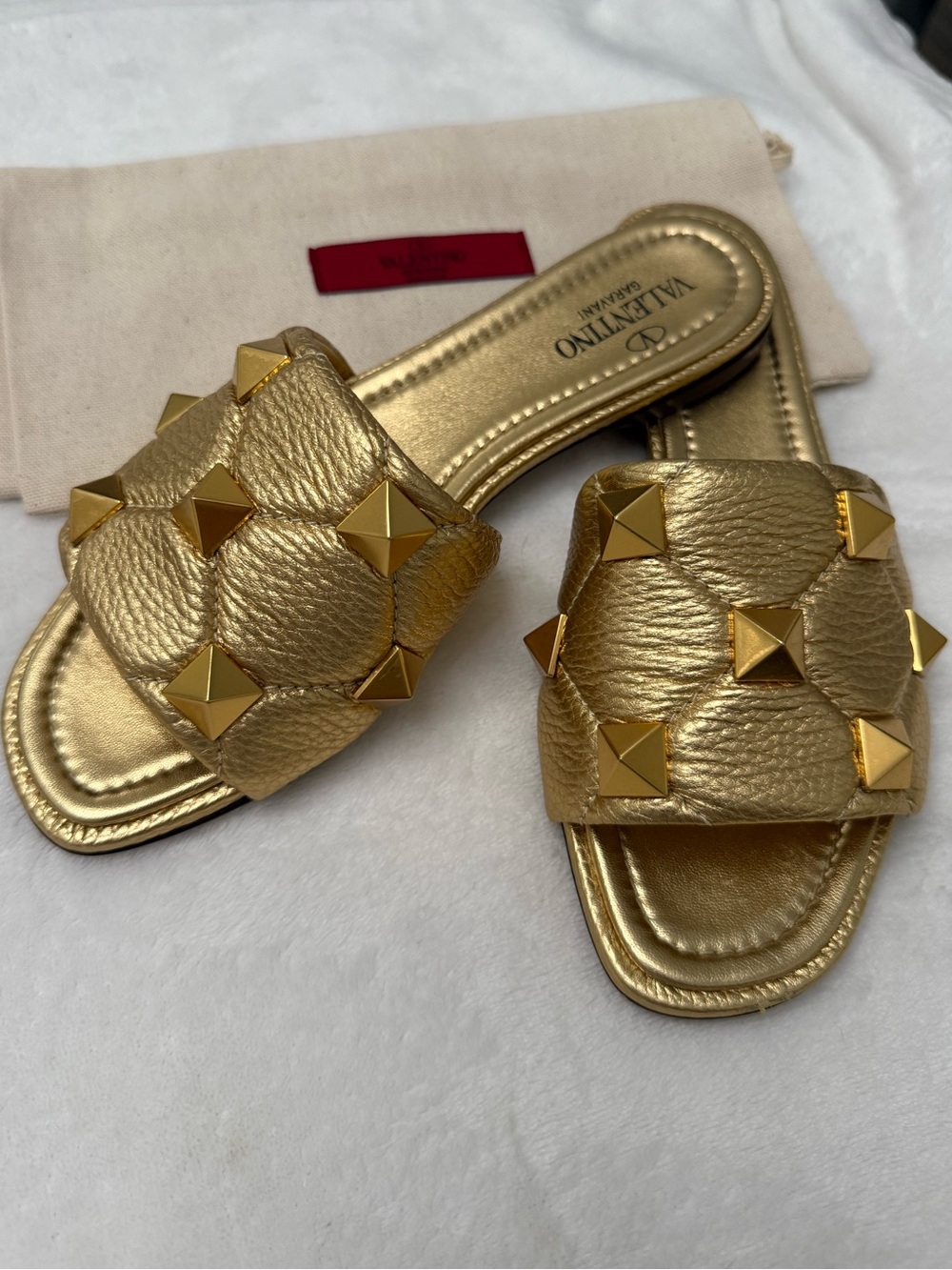 Valentino Metallic Gold Quilted Slide Sandals with Pyramid Studs